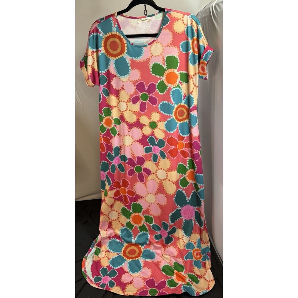 Southern Stitch Floral Maxi Dress Small‎ Bright Retro Mod Boho Lounge